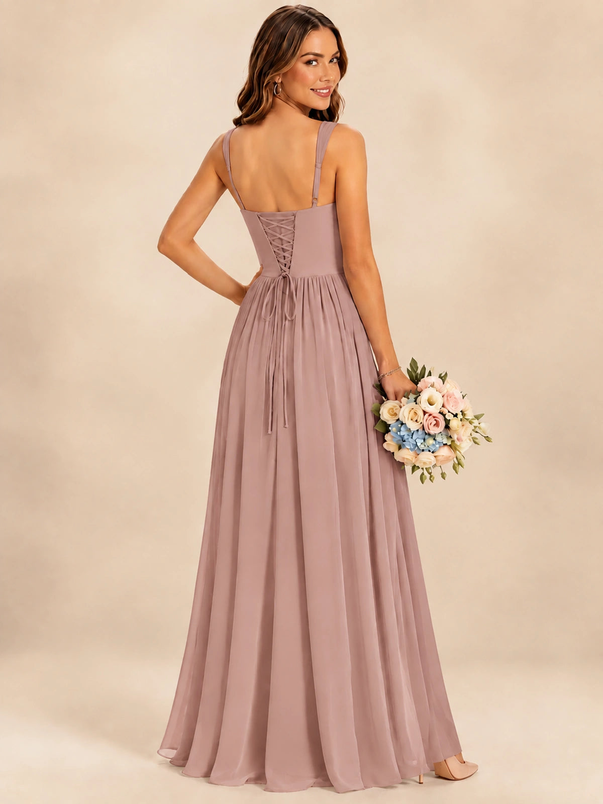 Spaghetti Straps Pleated Chiffon Bridesmaid Dress with Ruffle Slit