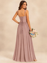 Spaghetti Straps Pleated Chiffon Bridesmaid Dress with Ruffle Slit