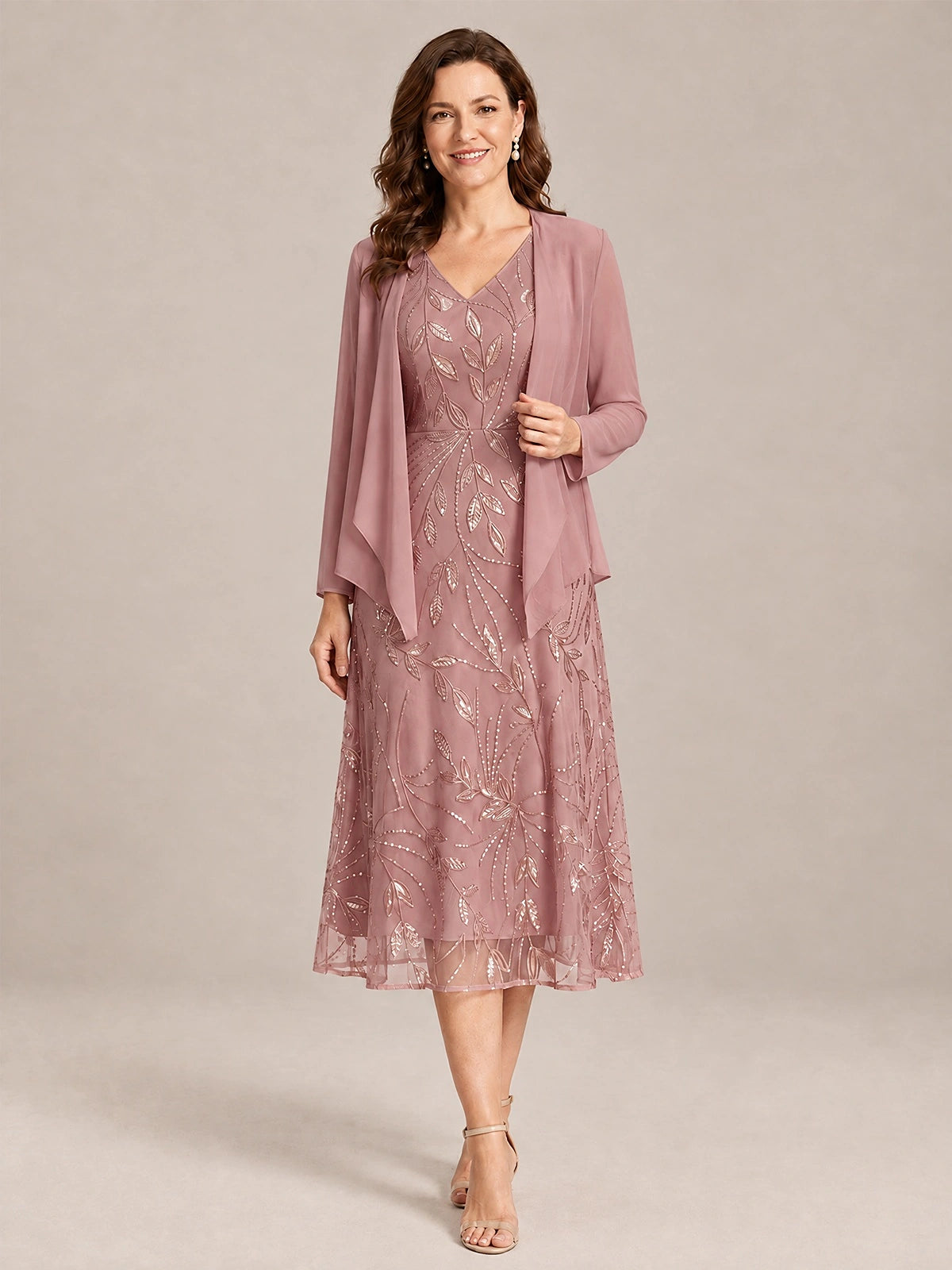 Dusty Rose-2 Piece Lace Appliques Chiffon Mother of The Bride Dress with Sequin