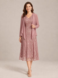 Dusty Rose-2 Piece Lace Appliques Chiffon Mother of The Bride Dress with Sequin