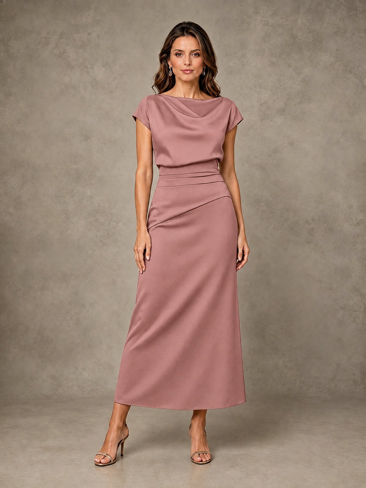 Cowl Neck Satin Mother of the Bride Dress with Ruched Waist
