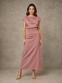 Cowl Neck Satin Mother of the Bride Dress with Ruched Waist