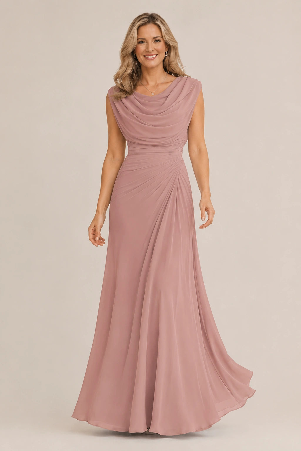 Cowl Neck Ruched Chiffon Mother of the Bride Dress