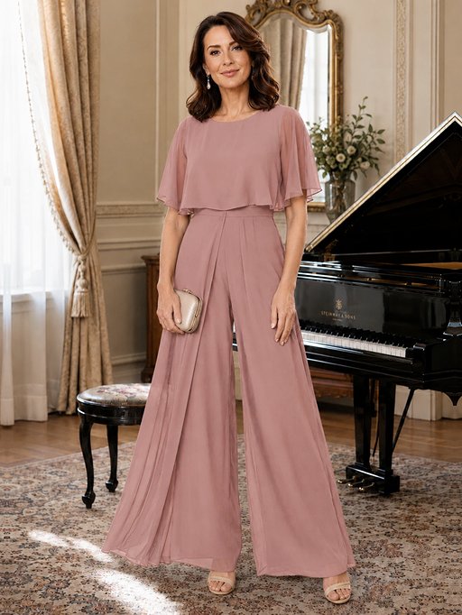 Chiffon Mother of the Bride Jumpsuit with Layered Cape Sleeves