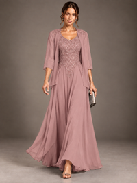 A-line 2 Pieces Chiffon Appliques Mother of The Bride Dresses with Jackets
