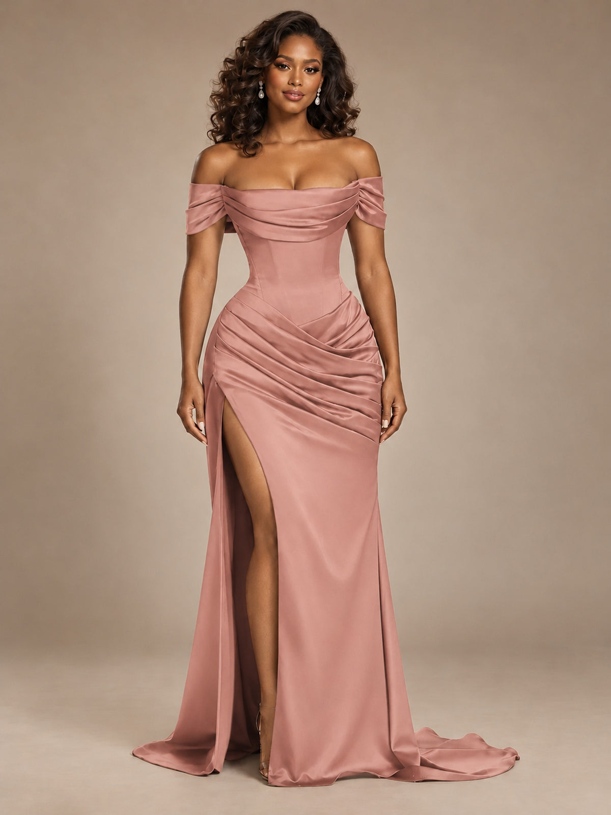 Burgundy Off-the-Shoulder Satin Corset Prom Dress with Slit