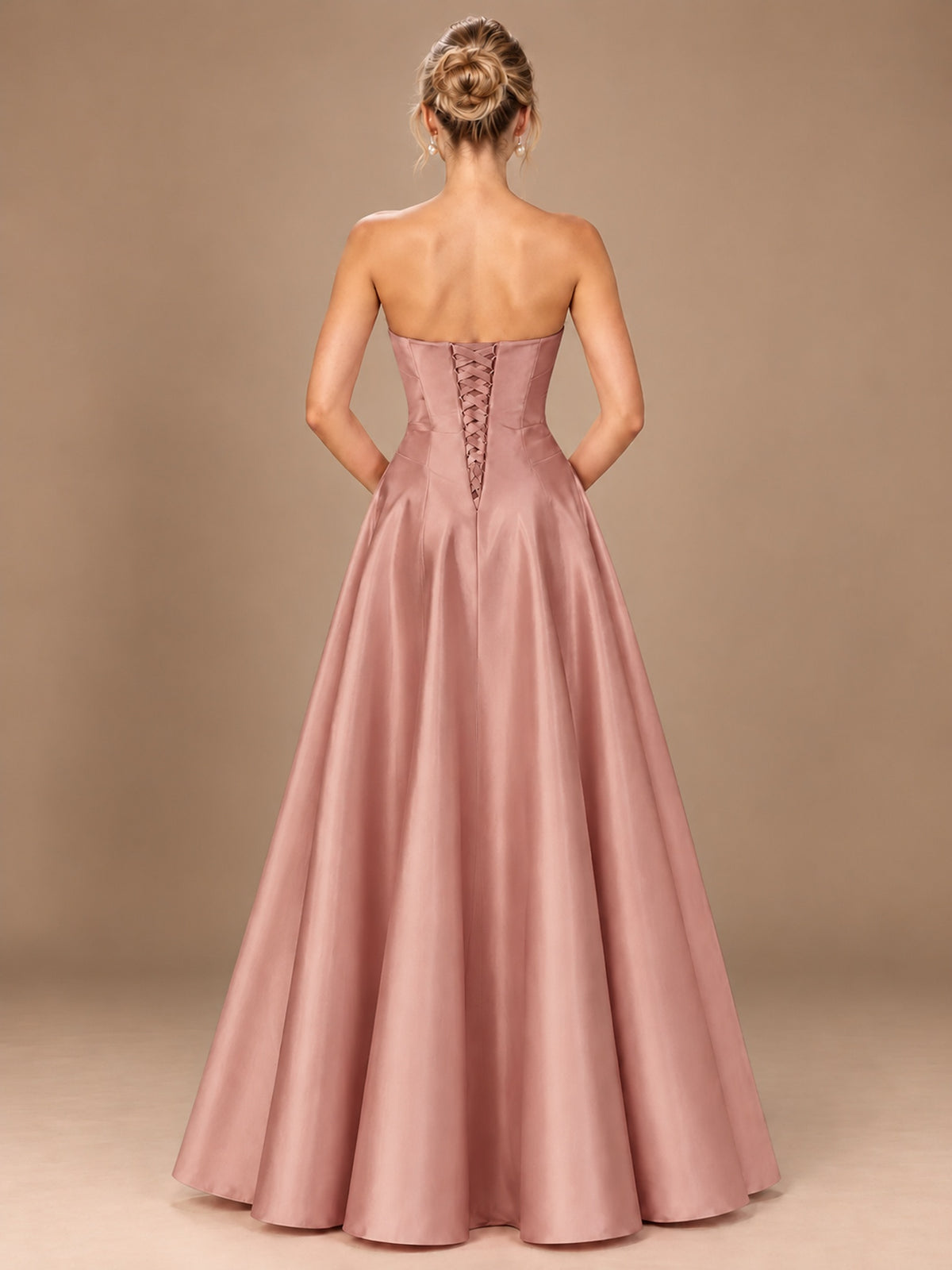 Blush Pink Strapless Satin A-Line Prom Dress with Ruched Bodice