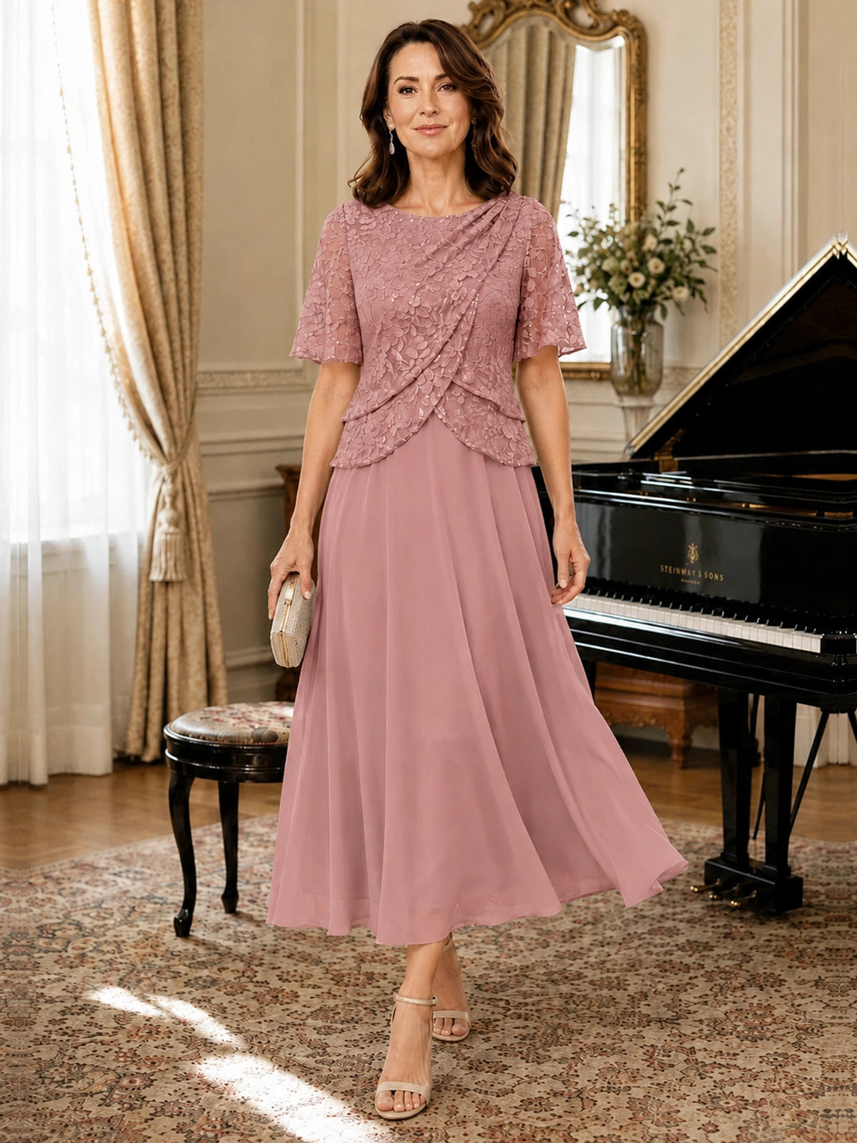 Tea-Length Chiffon Mother of the Bride Dress with Sequin Lace Sleeves