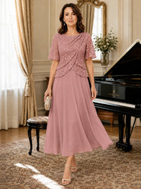 Tea-Length Chiffon Mother of the Bride Dress with Sequin Lace Sleeves