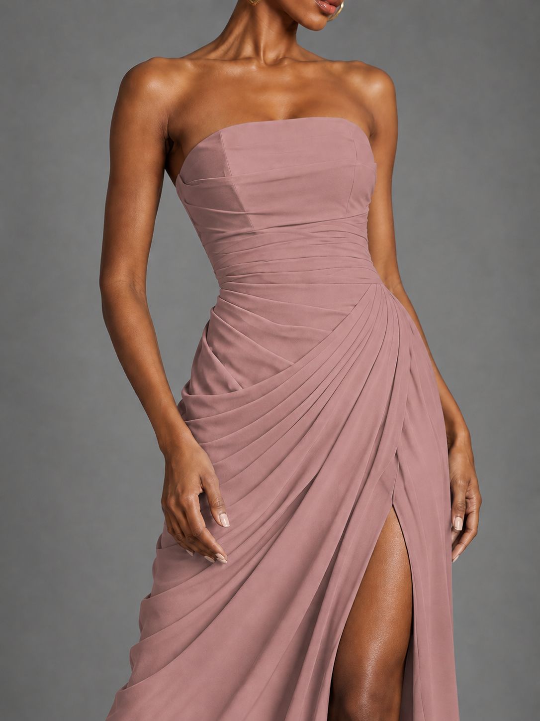 Strapless Bodycon Pleated Chiffon Formal Dress with Slit