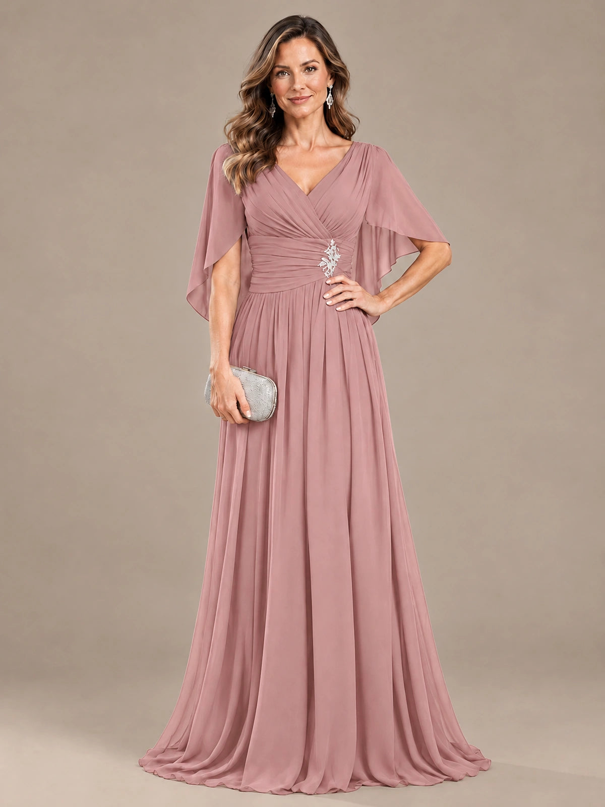 Ruched V Neck Mother of The Bride Dresses with Shawls Appliques and Cap Sleeves