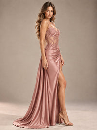 Mermaid Satin Prom Dress with Floral Appliqué Corset and High Slit