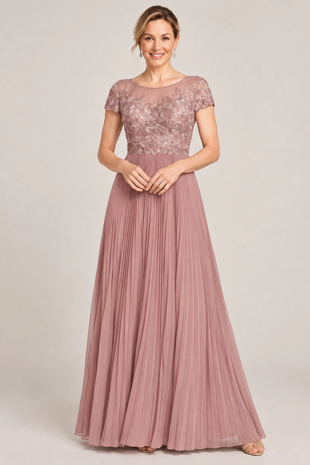 Embroidered Lace Pleated Mother of the Bride Dress