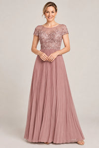 Embroidered Lace Pleated Mother of the Bride Dress