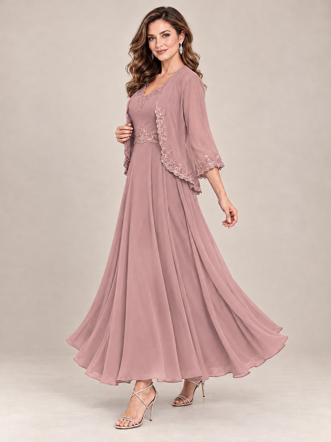 Dusty Blue Floral Lace Chiffon Mother of the Bride Dress with Jacket