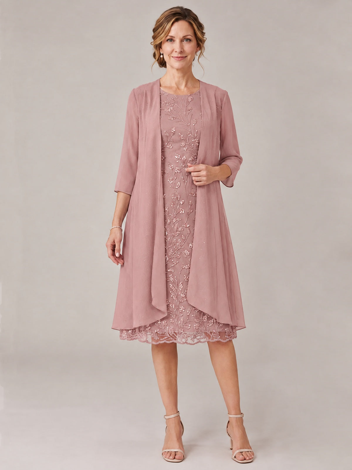 Dusty Rose-2 Piece Lace Appliques Chiffon Mother of The Bride Dress with Sequin