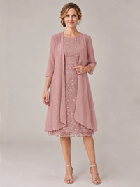 Dusty Rose-2 Piece Lace Appliques Chiffon Mother of The Bride Dress with Sequin