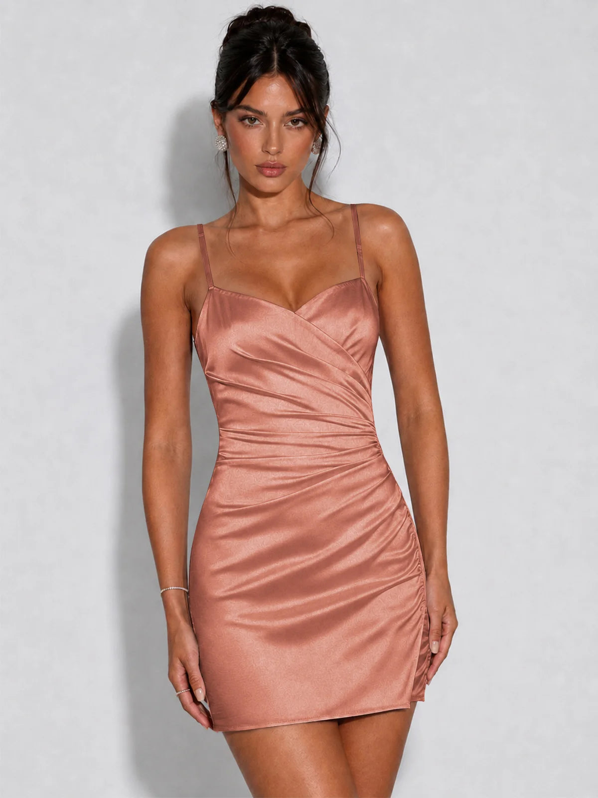 Satin Ruched Spaghetti Strap Homecoming Dress