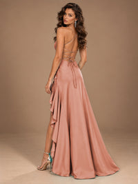Burgundy Spaghetti Strap Ruched Prom Dress with Ruffled High Slit