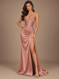 Dusty Blue Strapless Lace Corset Prom Dress with High Slit
