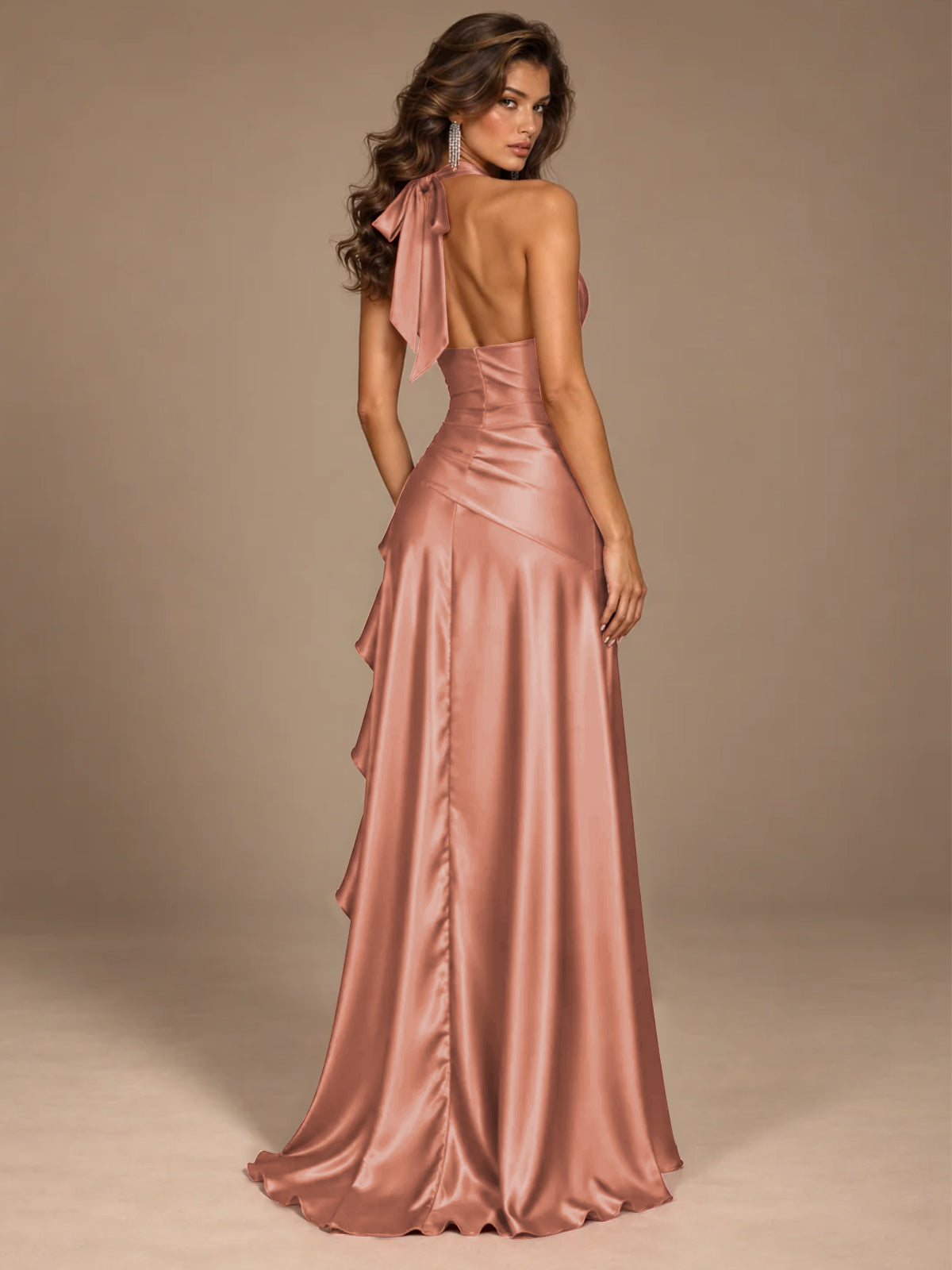 Burgundy Halter Deep V-Neck Ruched High Slit Ruffle Prom Dress