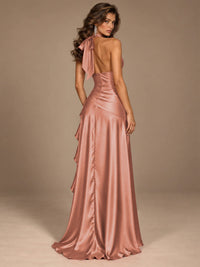 Burgundy Halter Deep V-Neck Ruched High Slit Ruffle Prom Dress