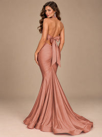 Pink Halter Deep V-Neck Ruched Mermaid Prom Dress