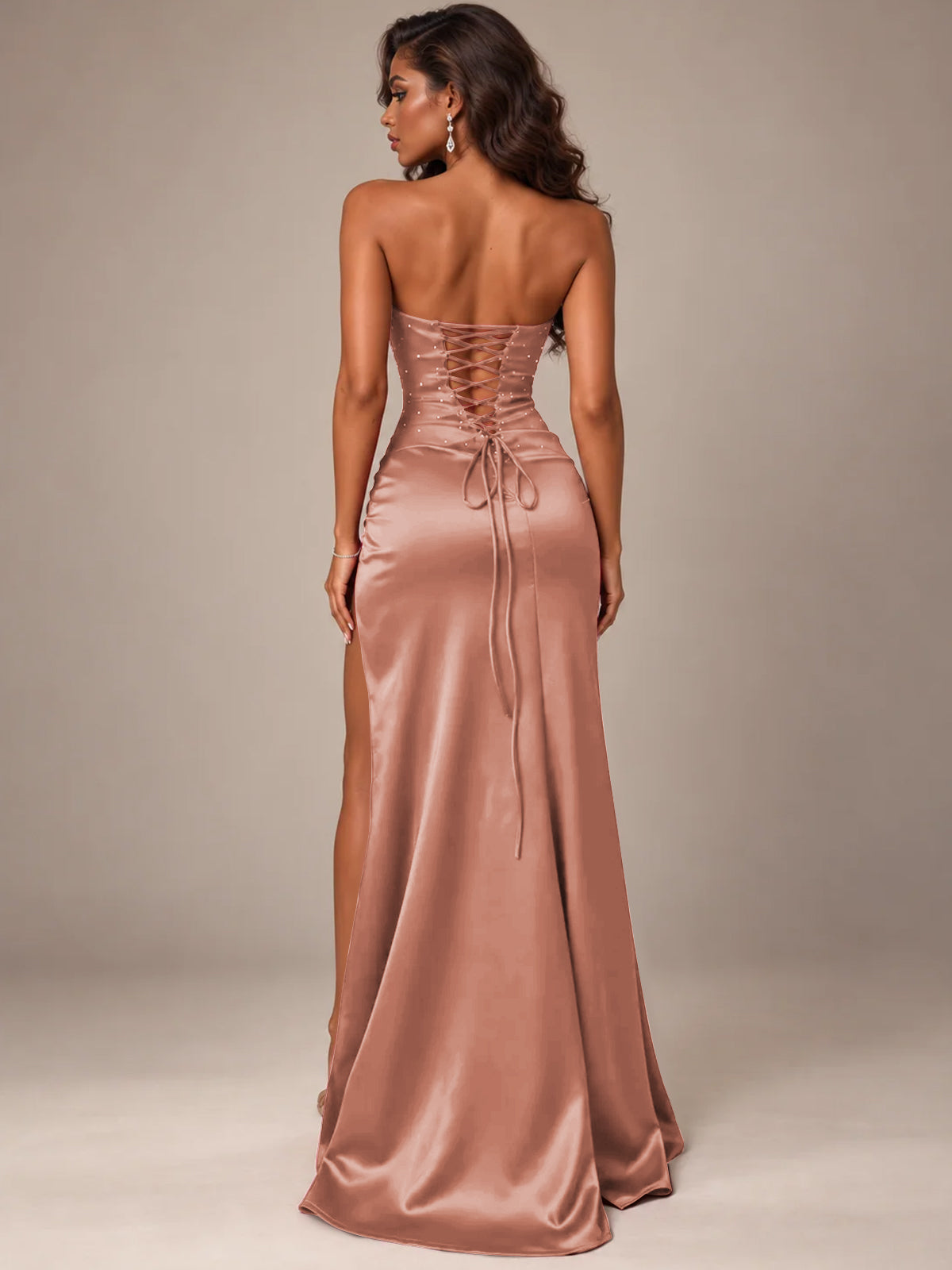 Burgundy Strapless Sparkly Corset Prom Dress with High Slit