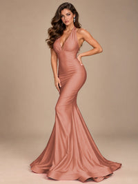 Pink Halter Deep V-Neck Ruched Mermaid Prom Dress