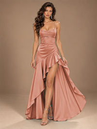Burgundy Spaghetti Strap Ruched Prom Dress with Ruffled High Slit