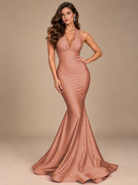 Pink Halter Deep V-Neck Ruched Mermaid Prom Dress