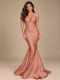Pink Halter Deep V-Neck Ruched Mermaid Prom Dress