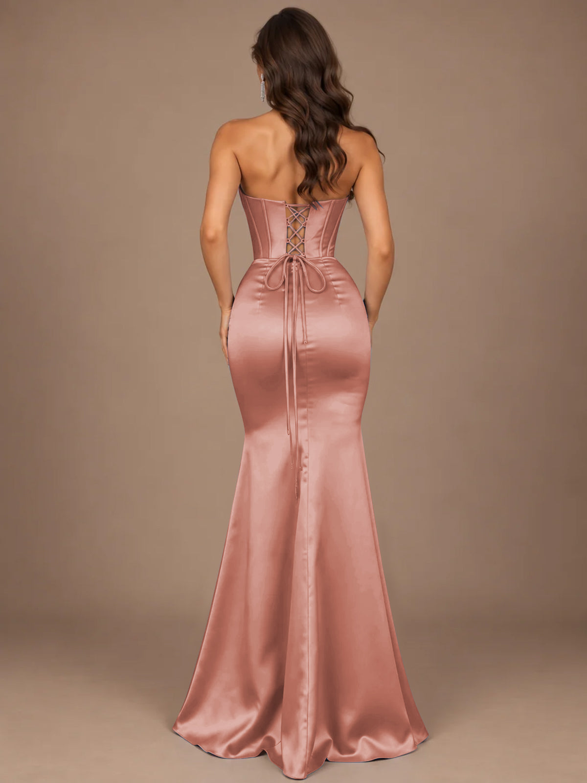 Dusty Blue Strapless Lace Corset Prom Dress with High Slit