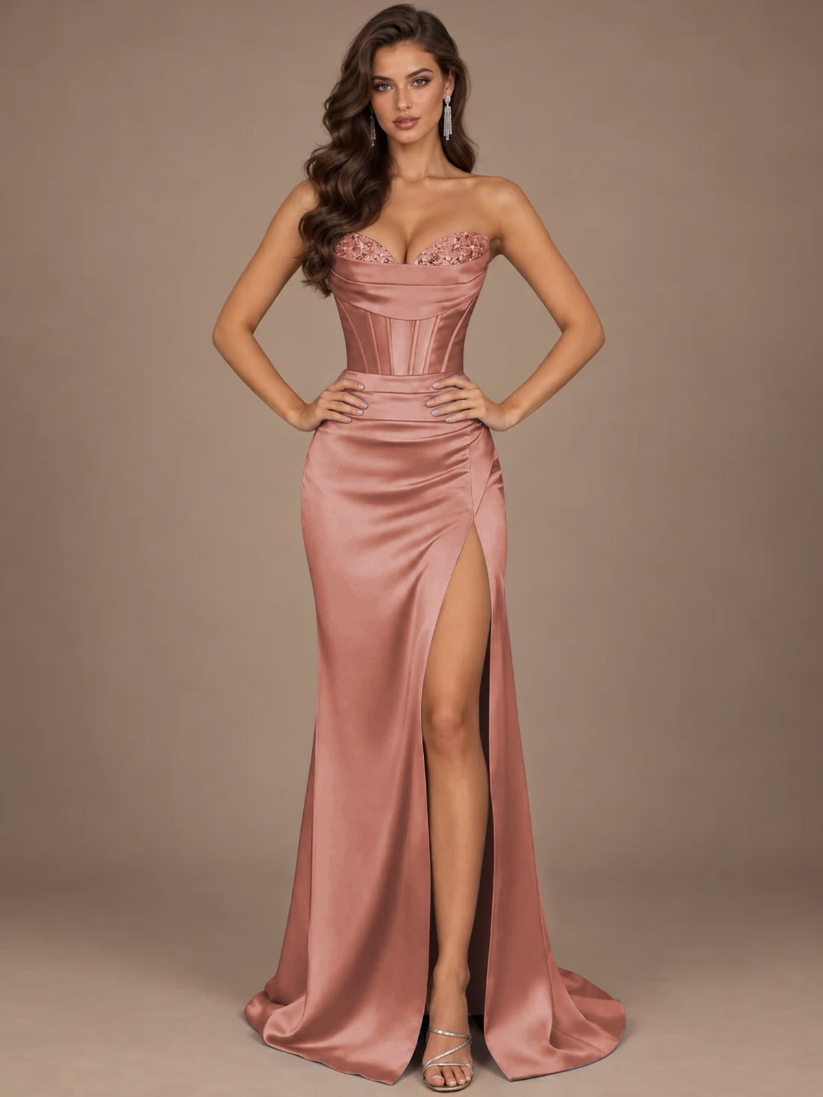 Dusty Blue Strapless Lace Corset Prom Dress with High Slit