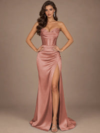 Dusty Blue Strapless Lace Corset Prom Dress with High Slit
