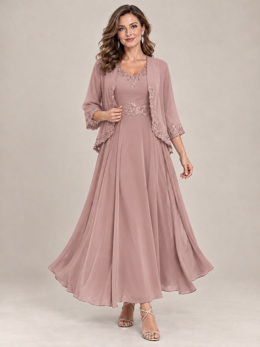 Dusty Blue Floral Lace Chiffon Mother of the Bride Dress with Jacket