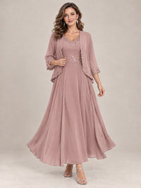 Dusty Blue Floral Lace Chiffon Mother of the Bride Dress with Jacket