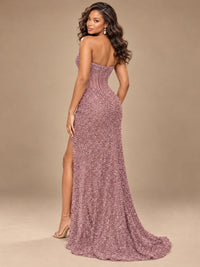 Gold Sequin Strapless Corset Prom Dress with High Slit