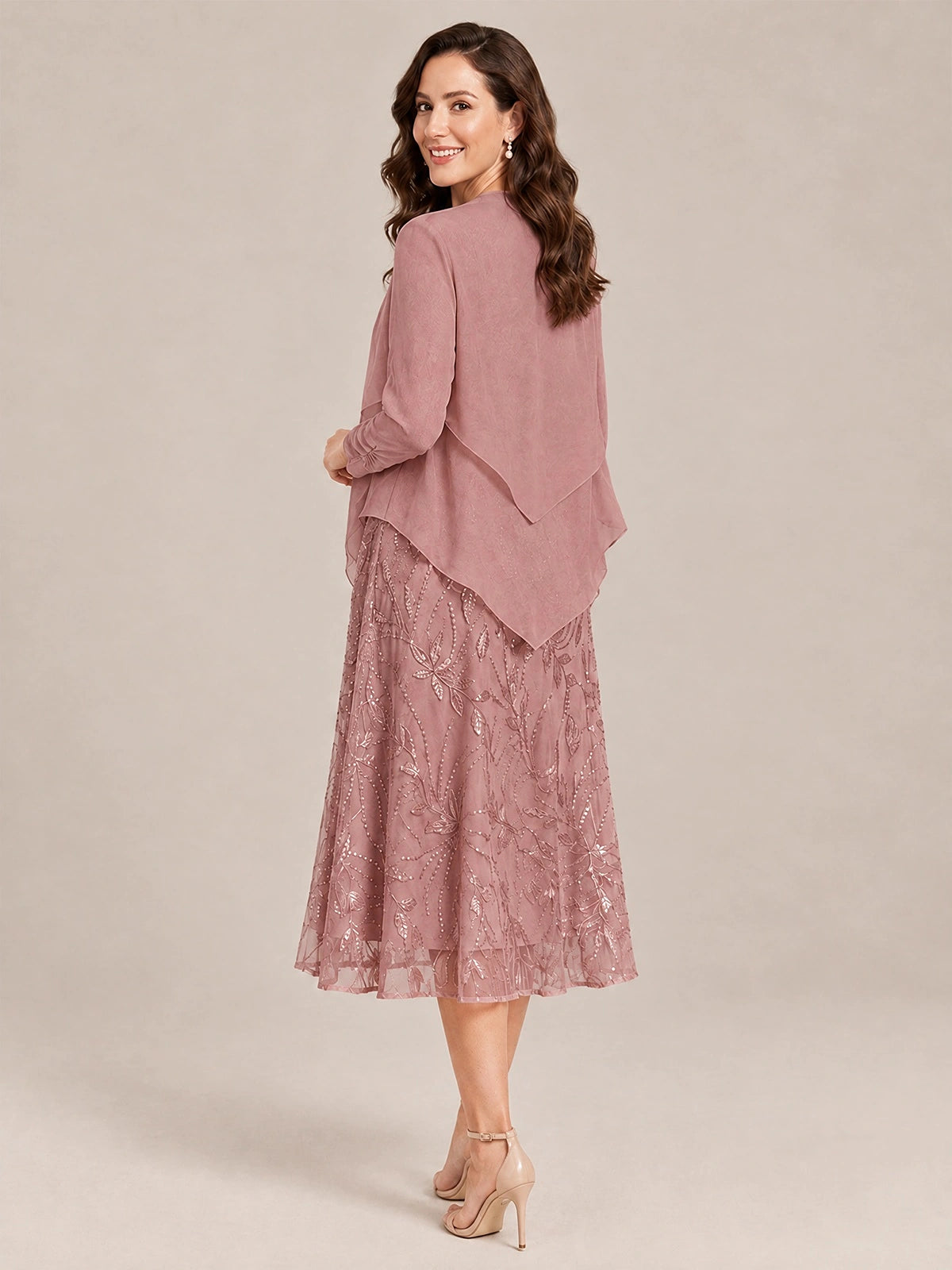 Tea Length Sequin Lace Mother of the Bride Dress with Chiffon Jacket