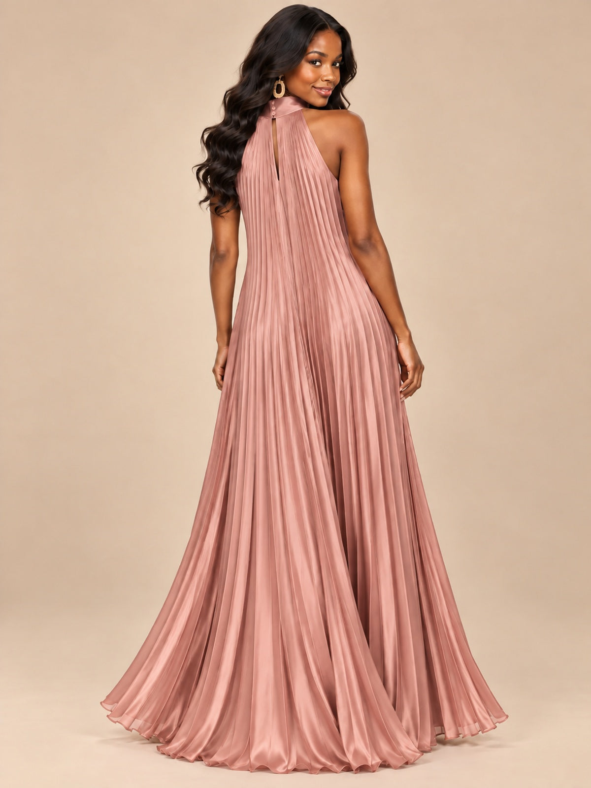 Rust Orange Pleated Halter Neck Maxi Dress