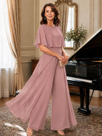 Chiffon Mother of the Bride Jumpsuit with Layered Cape Sleeves