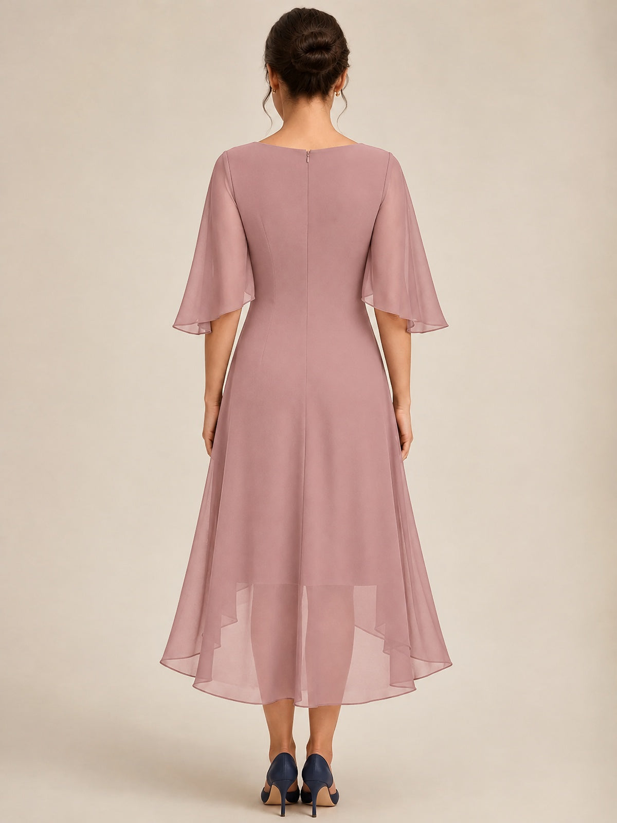 Cowl Neck Ruched Chiffon Mother of the Bride Dresses with Flutter Sleeves