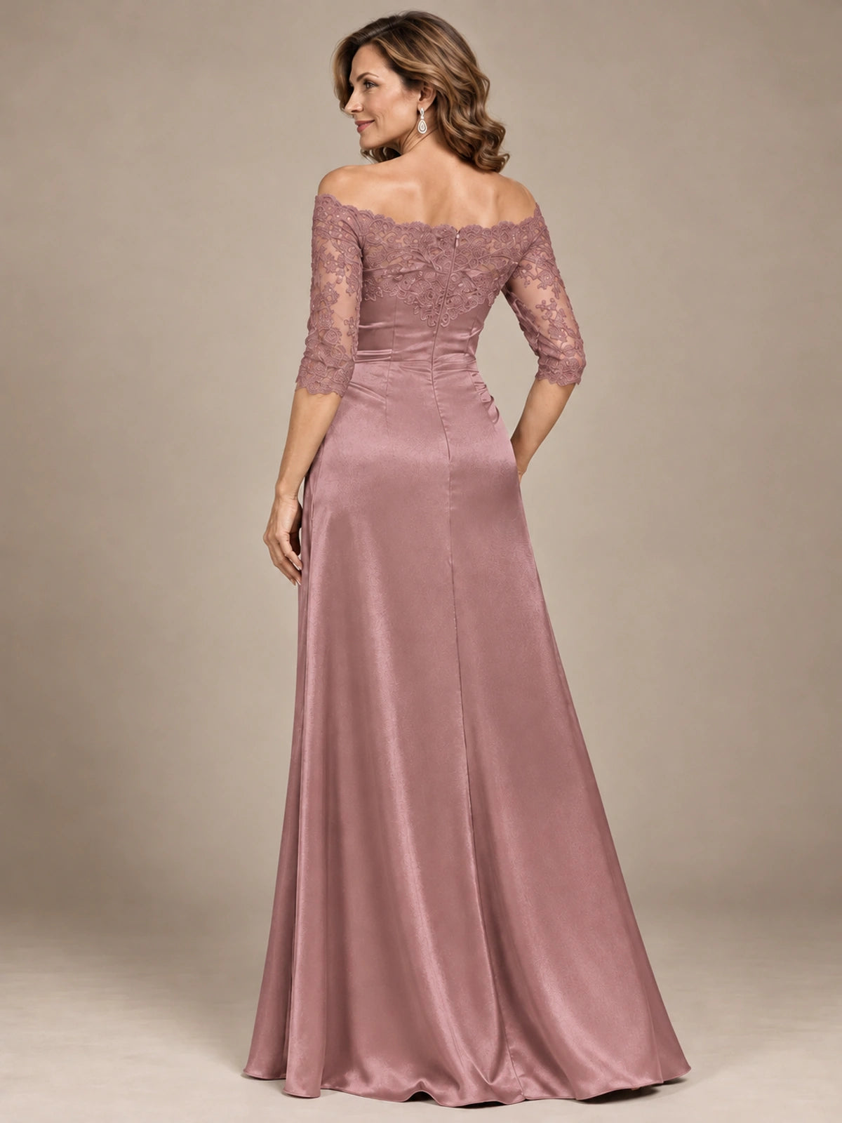 Satin Mother of the Bride Dress with Lace Sleeves Off Shoulder Formal Gown
