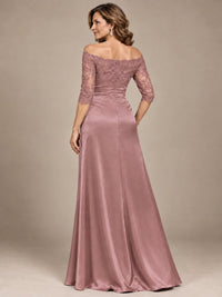 Satin Mother of the Bride Dress with Lace Sleeves Off Shoulder Formal Gown
