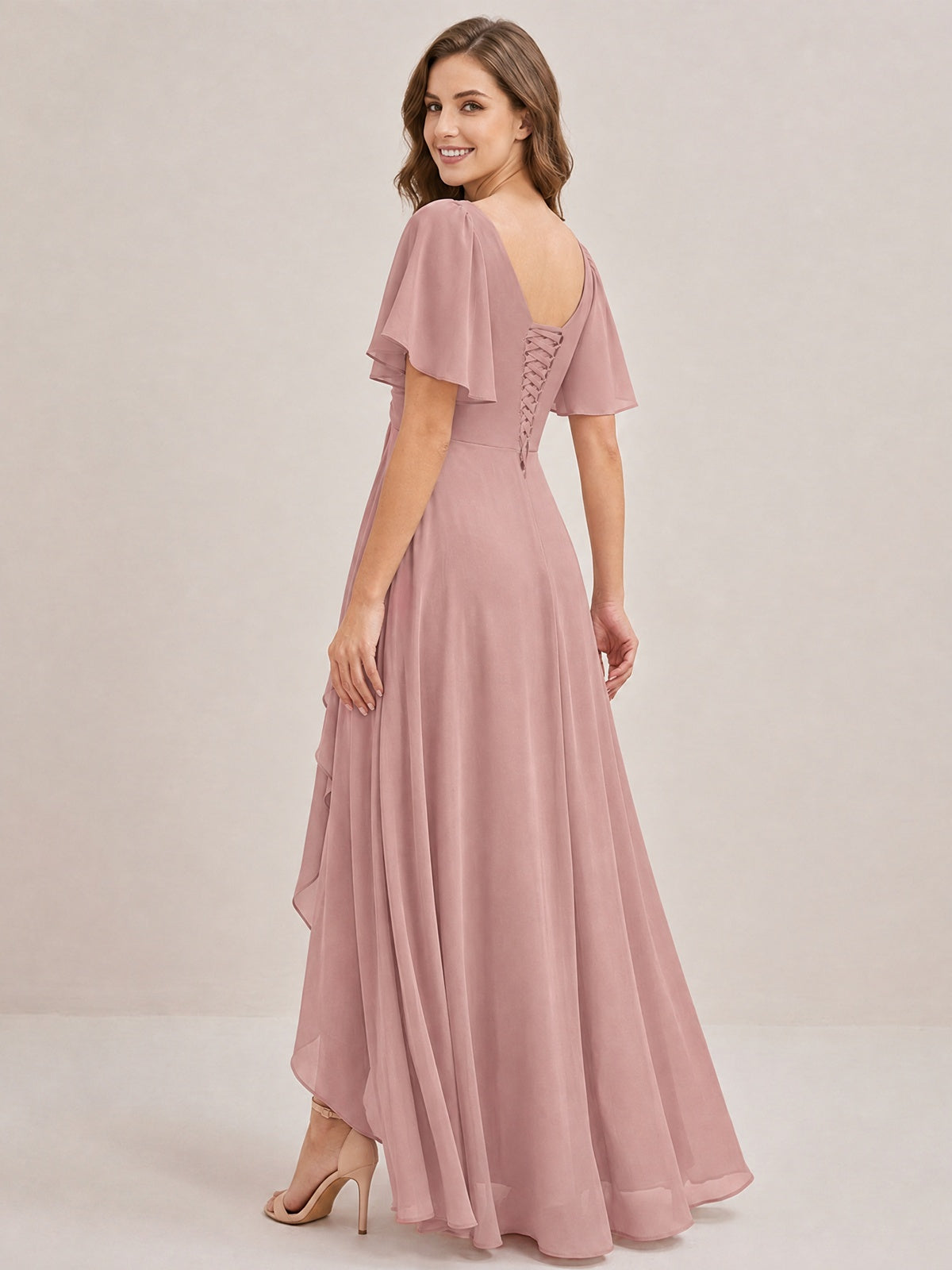 Dusty Blue Chiffon Bridesmaid Dress with Flutter Sleeves & High-Low Hem