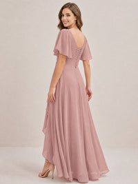 Dusty Blue Chiffon Bridesmaid Dress with Flutter Sleeves & High-Low Hem