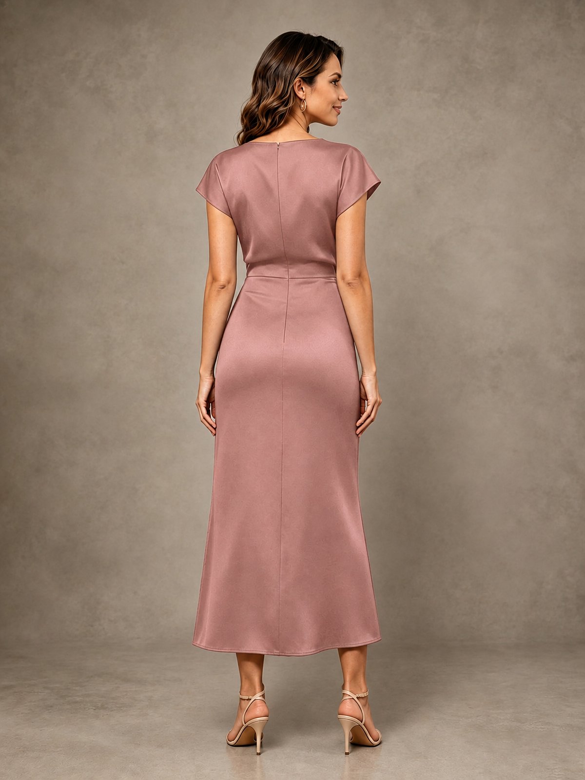 Cowl Neck Satin Mother of the Bride Dress with Ruched Waist
