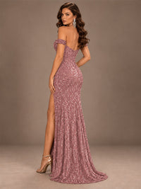 Off the Shoulder Corset Sequin Mermaid Prom Dress with Slit