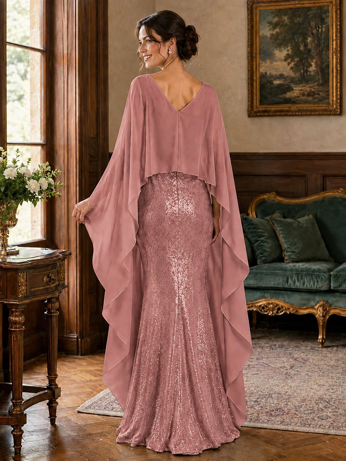 Sequin 2 Pieces Mother of the Bride Dress with Cap Sleeves Chiffon Formal Gowns