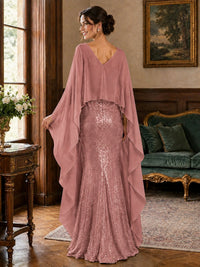 Sequin 2 Pieces Mother of the Bride Dress with Cap Sleeves Chiffon Formal Gowns